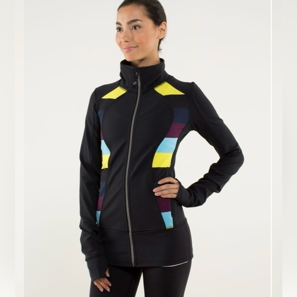 Lululemon | Nice | Asana Jacket | Black / Pow Stripe Split Pea | Thumb Holes | 2 - Picture 1 of 9